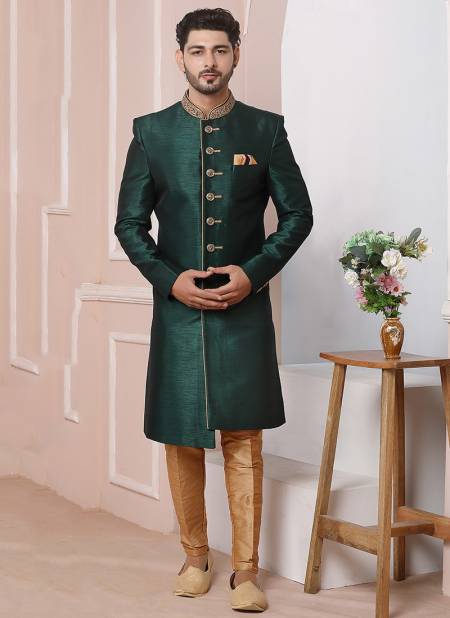 Dark Green New Ethnic Wear Mens Banarasi Silk Indo Western Collection 1671